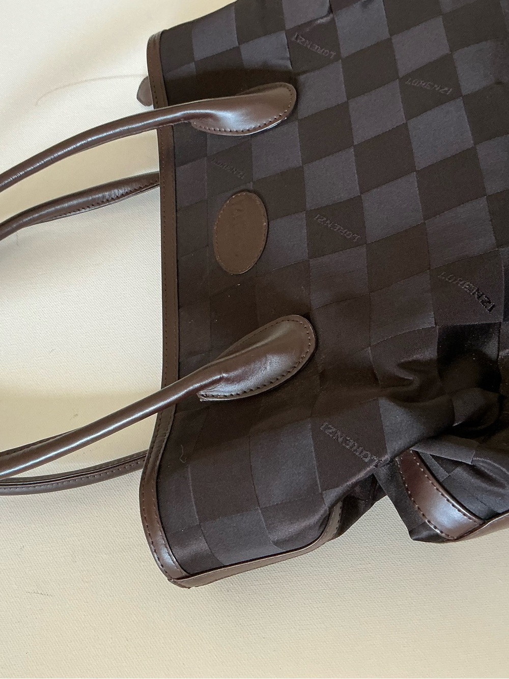Lorenzi Brown Checkered Nylon Tote Bag Leather Trim Top Handle Classic - Picture 5 of 11